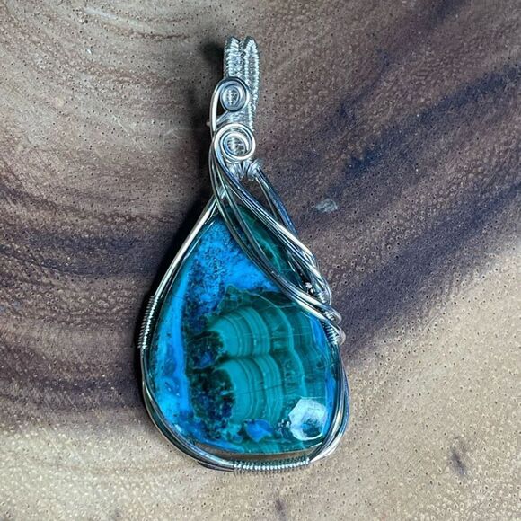 Artisan handmade Chrysocolla Malachite pendant wire wrap necklace malacholla sil - Picture 1 of 7